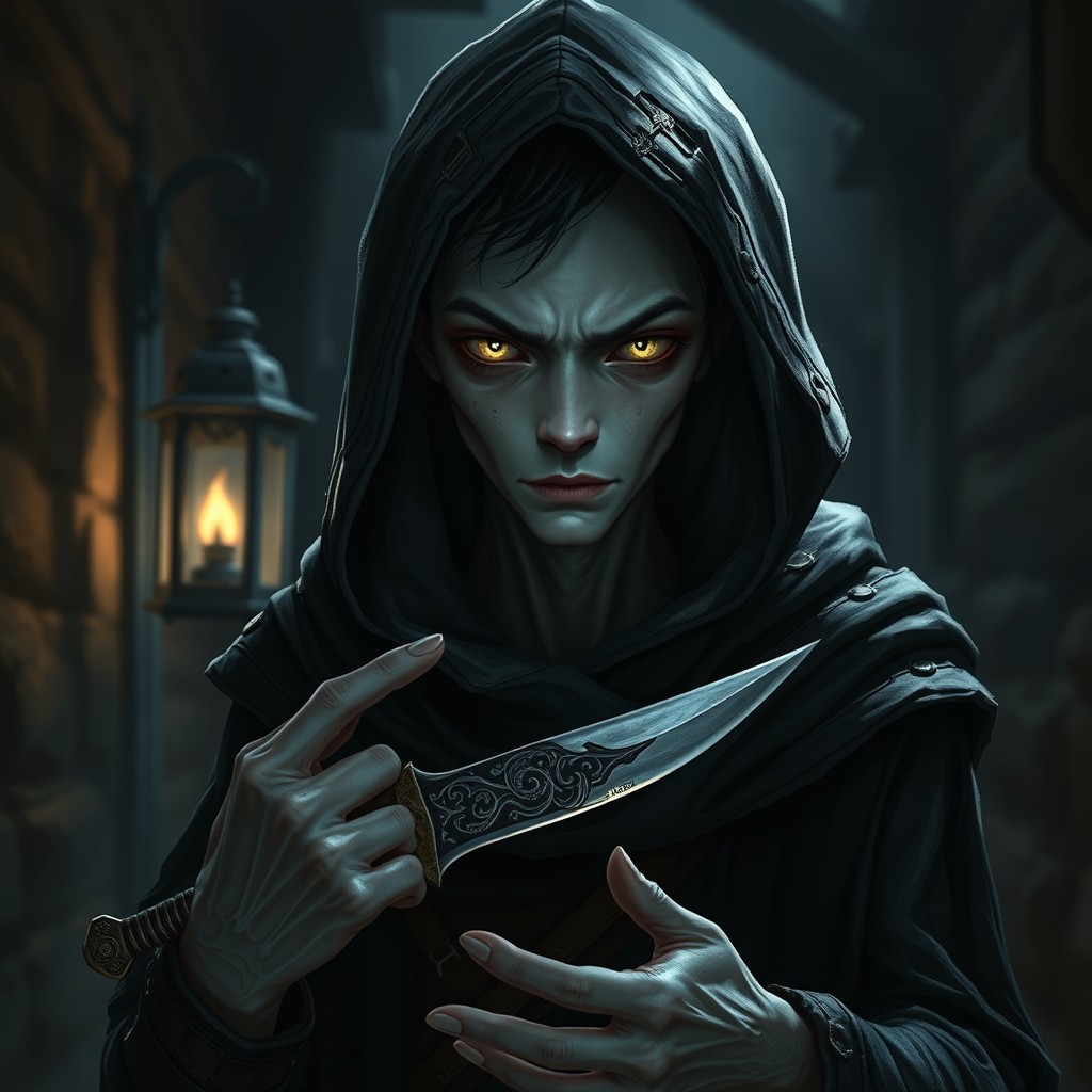A frail male changeling rogue, with ghostly pale skin and strikingly sharp features, wearing a dark hooded cloak that blends into shadows