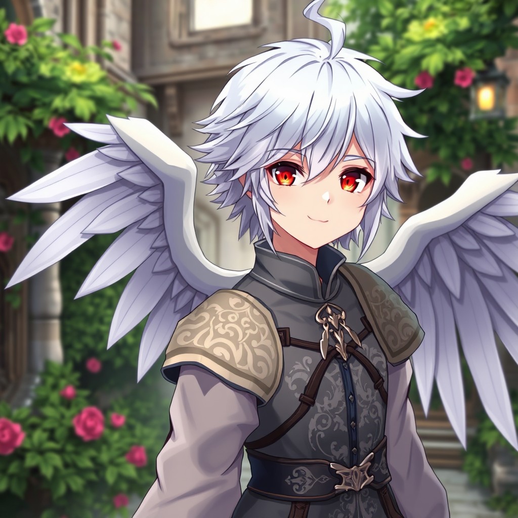 An anime-style character with striking white hair styled in a tomboy fashion, wearing intricate medieval clothing, showcasing vibrant red eyes