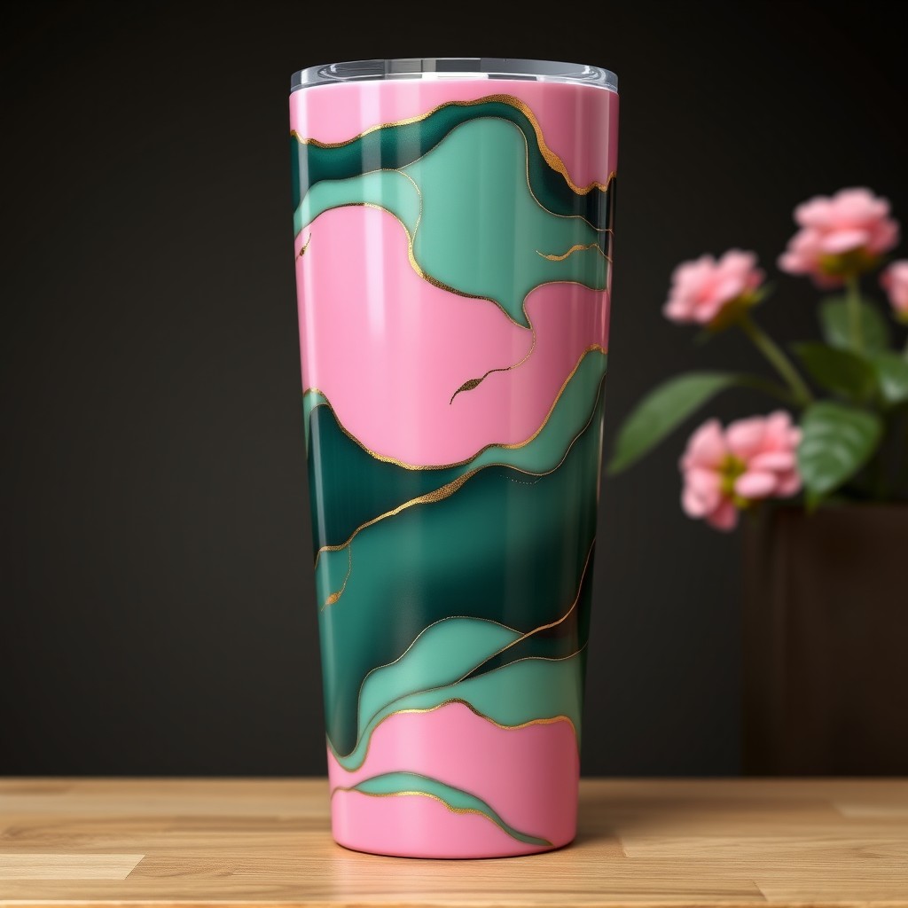 An elegant epoxy tumbler design featuring a stylish combination of dark pink, light pink, medium green, and dark green