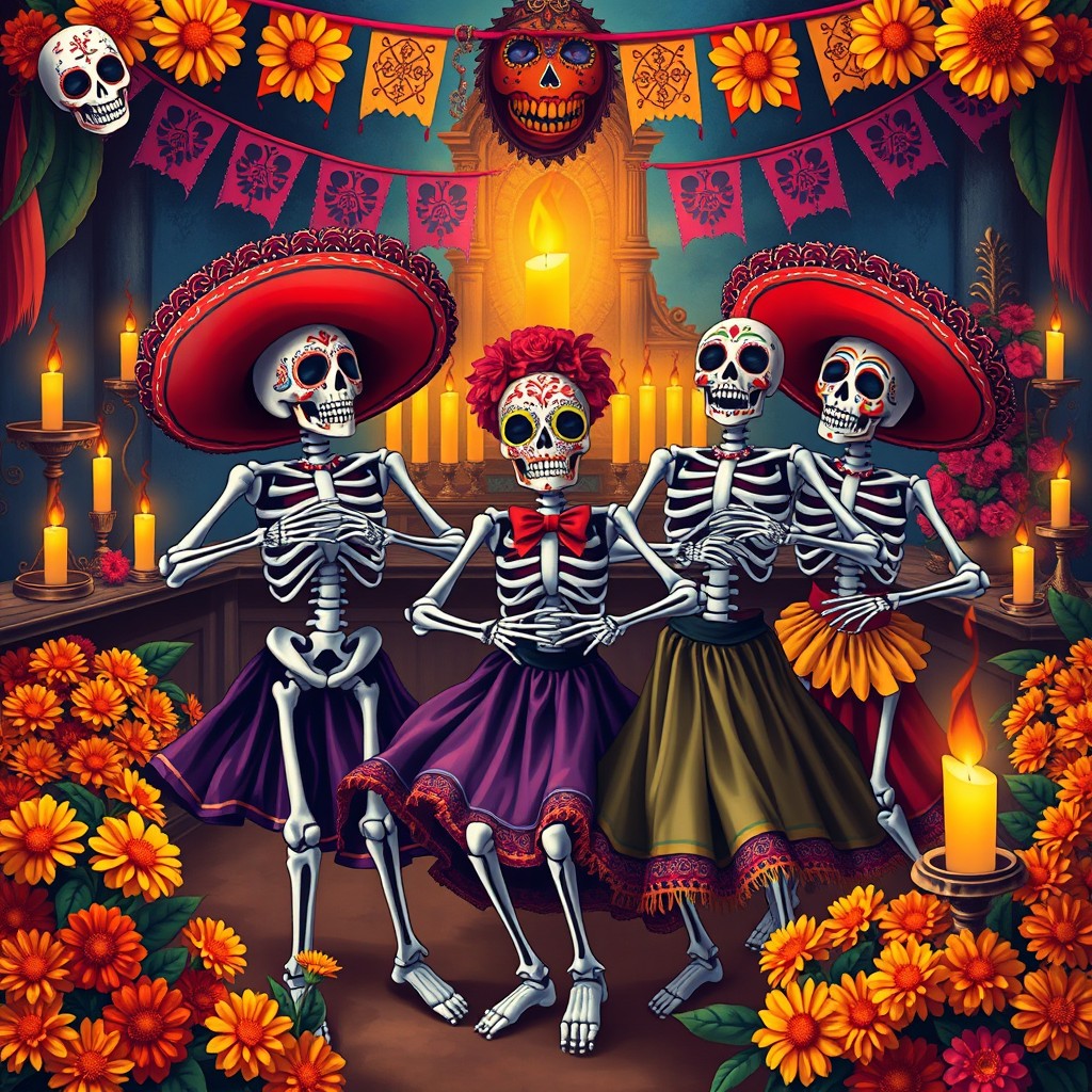 A vibrant and colorful portrayal of calacas (skeletons) celebrating the Day of the Dead, adorned in traditional Mexican attire, surrounded by marigold flowers, sugar skulls, and papel picado banners
