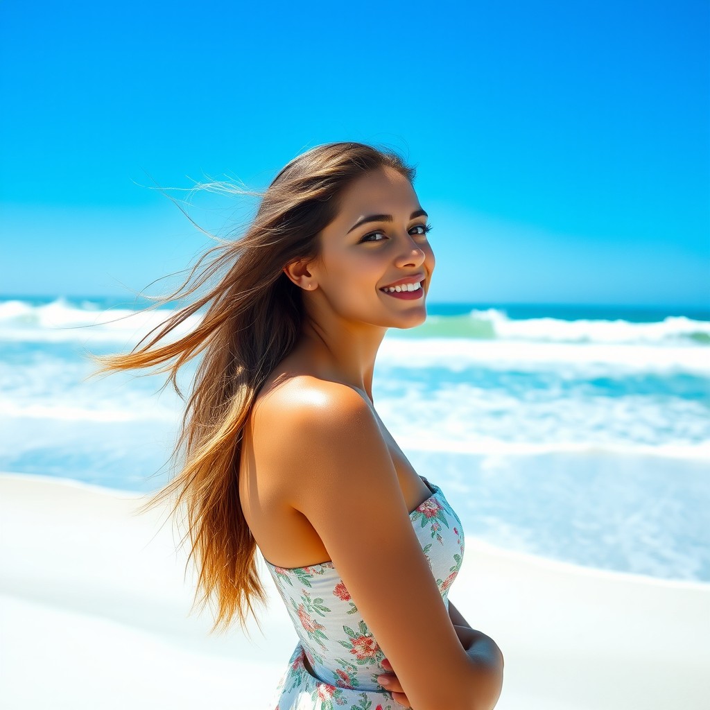 A beautiful young woman standing in a serene beach setting, looking out at the ocean with waves gently crashing in the background