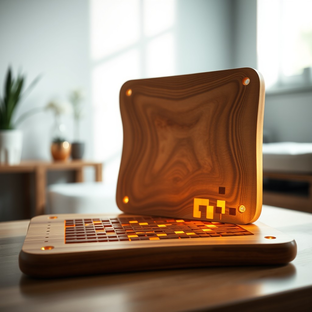 A warm, inviting wooden pixel board, with a smooth, polished surface and intricate pixelated designs carved into the wood