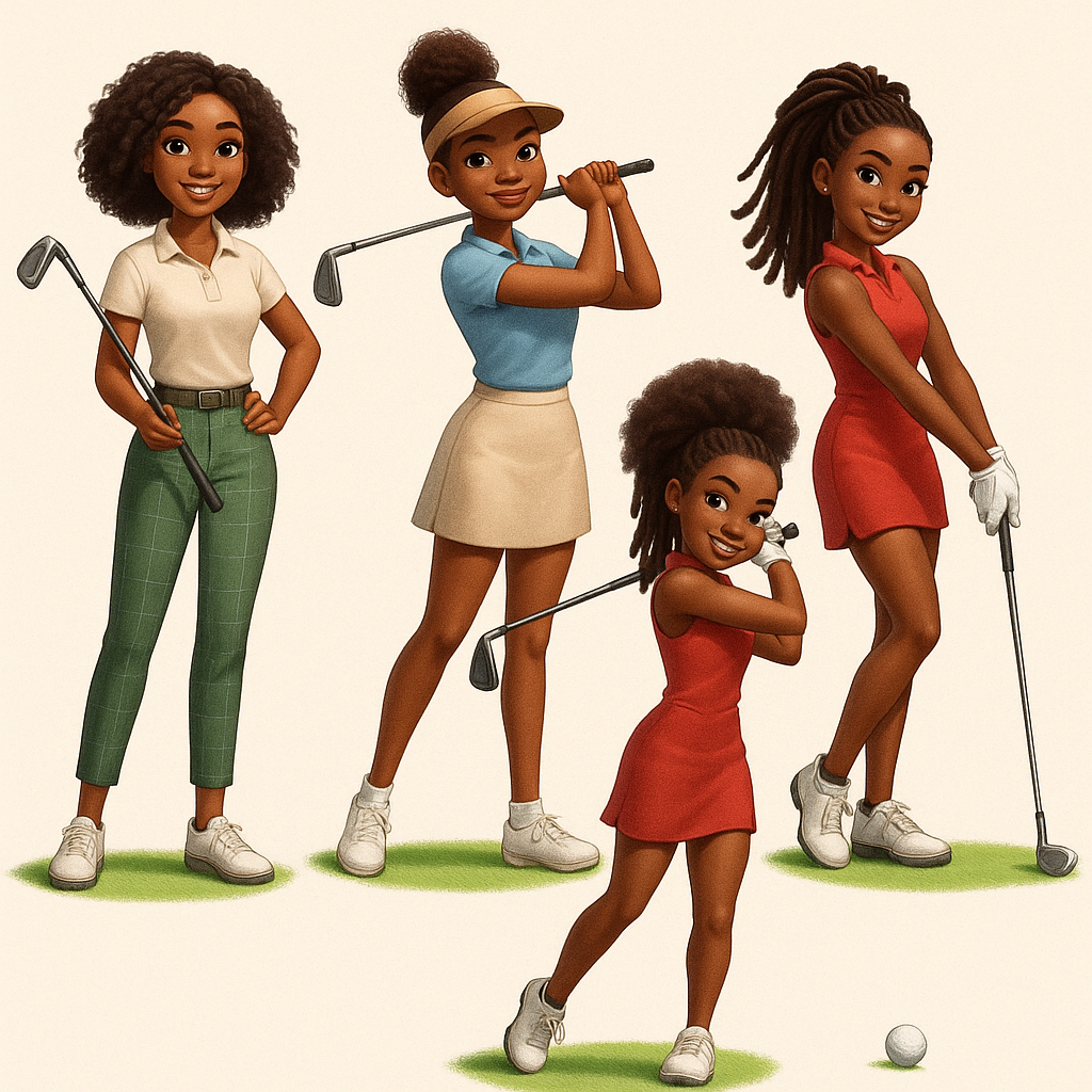 Create several individual black women with different hairstyles and poses with golf vlubs