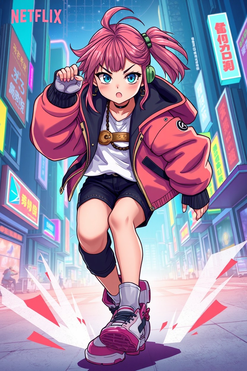 A dynamic and stylized illustration of a girl in a vibrant urban setting, heavily inspired by the art style of the Netflix film 'K-Pop Demon Hunters'
