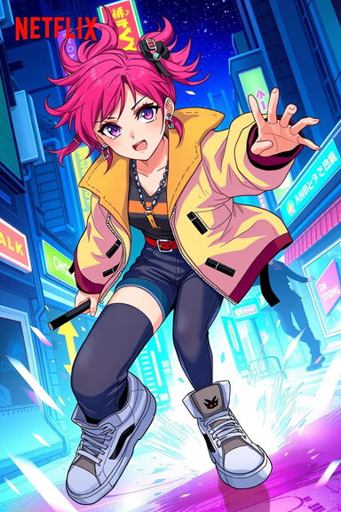 A dynamic and stylized illustration of a girl in a vibrant urban setting, heavily inspired by the art style of the Netflix film 'K-Pop Demon Hunters'