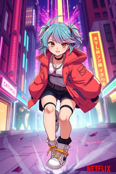 A dynamic and stylized illustration of a girl in a vibrant urban setting, heavily inspired by the art style of the Netflix film 'K-Pop Demon Hunters'