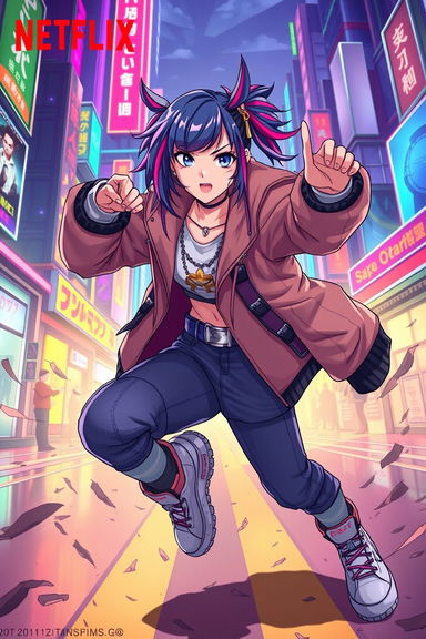 A dynamic and stylized illustration of a girl in a vibrant urban setting, heavily inspired by the art style of the Netflix film 'K-Pop Demon Hunters'