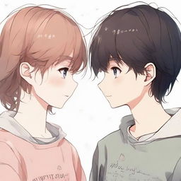 A boy and a girl sharing a gentle gaze, both wearing clothing with visible words on them.