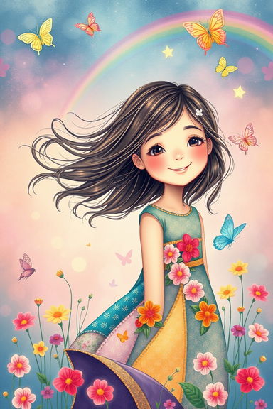 A beautifully designed poster featuring a young girl with flowing hair and a bright, cheerful expression, inspired by the enchanting style of the whimsical illustrations found in classic children's books