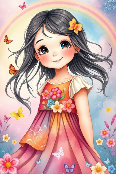 A beautifully designed poster featuring a young girl with flowing hair and a bright, cheerful expression, inspired by the enchanting style of the whimsical illustrations found in classic children's books