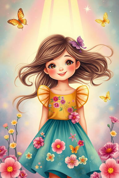 A beautifully designed poster featuring a young girl with flowing hair and a bright, cheerful expression, inspired by the enchanting style of the whimsical illustrations found in classic children's books
