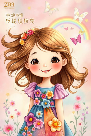A beautifully designed poster featuring a young girl with flowing hair and a bright, cheerful expression, inspired by the enchanting style of the whimsical illustrations found in classic children's books