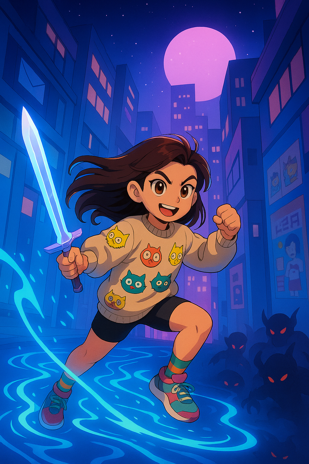 The girl in the first image is holding a glowing periwinkle coloured sword, behind her is the cityscape shown in the second image. Full shot