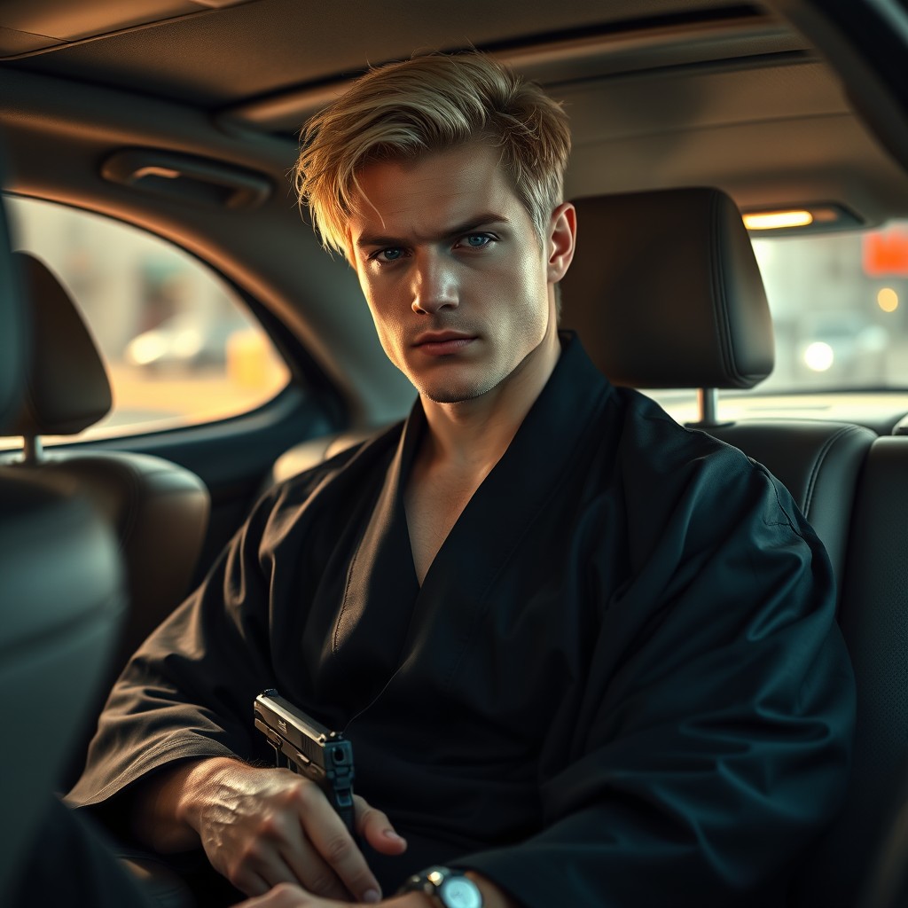 A strong-willed blond man dressed in a black kimono, sitting confidently on the back seat of a luxurious Mercedes