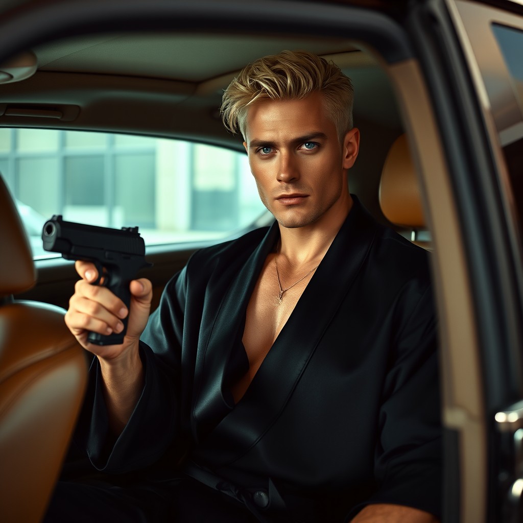A strong-willed blonde man dressed in a sleek black kimono, confidently holding a pistol in his hand while sitting in the back seat of a luxurious Mercedes