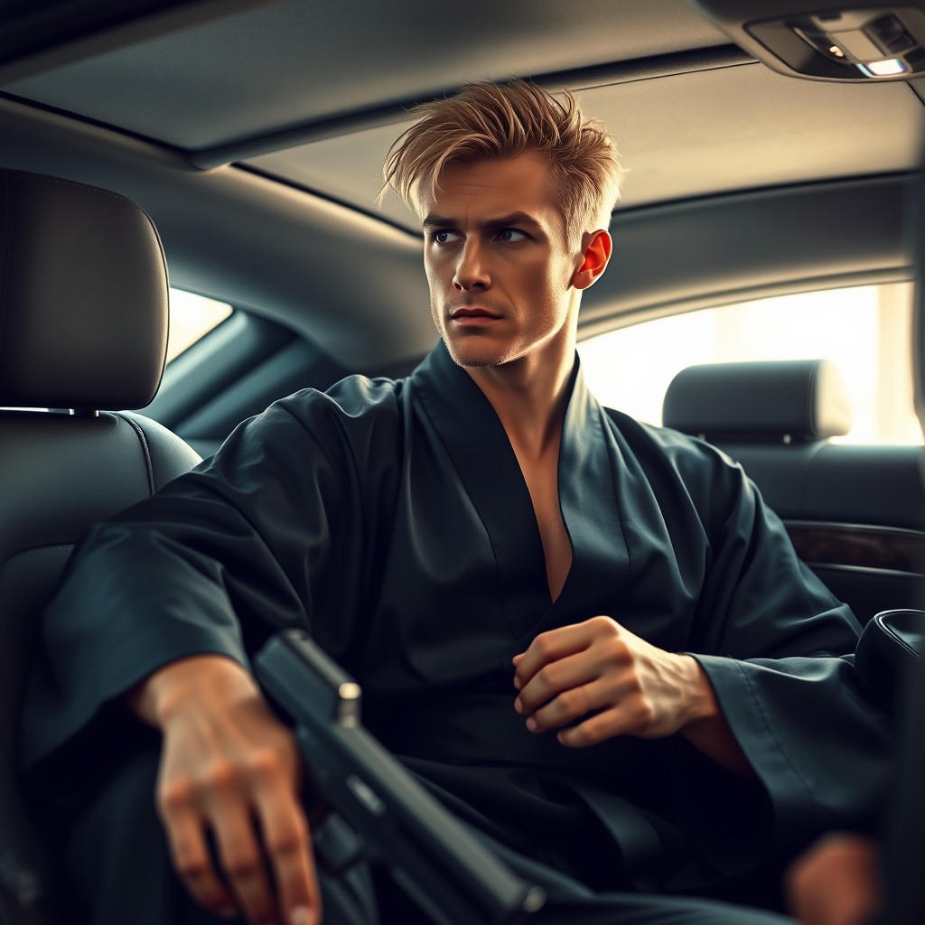 A charismatic blond man exuding confidence, dressed in a stylish black kimono, holding a pistol firmly in his hand while sitting on the plush back seat of a luxurious Mercedes