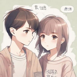 A boy and a girl sharing a gentle gaze, both wearing clothing with visible words on them.