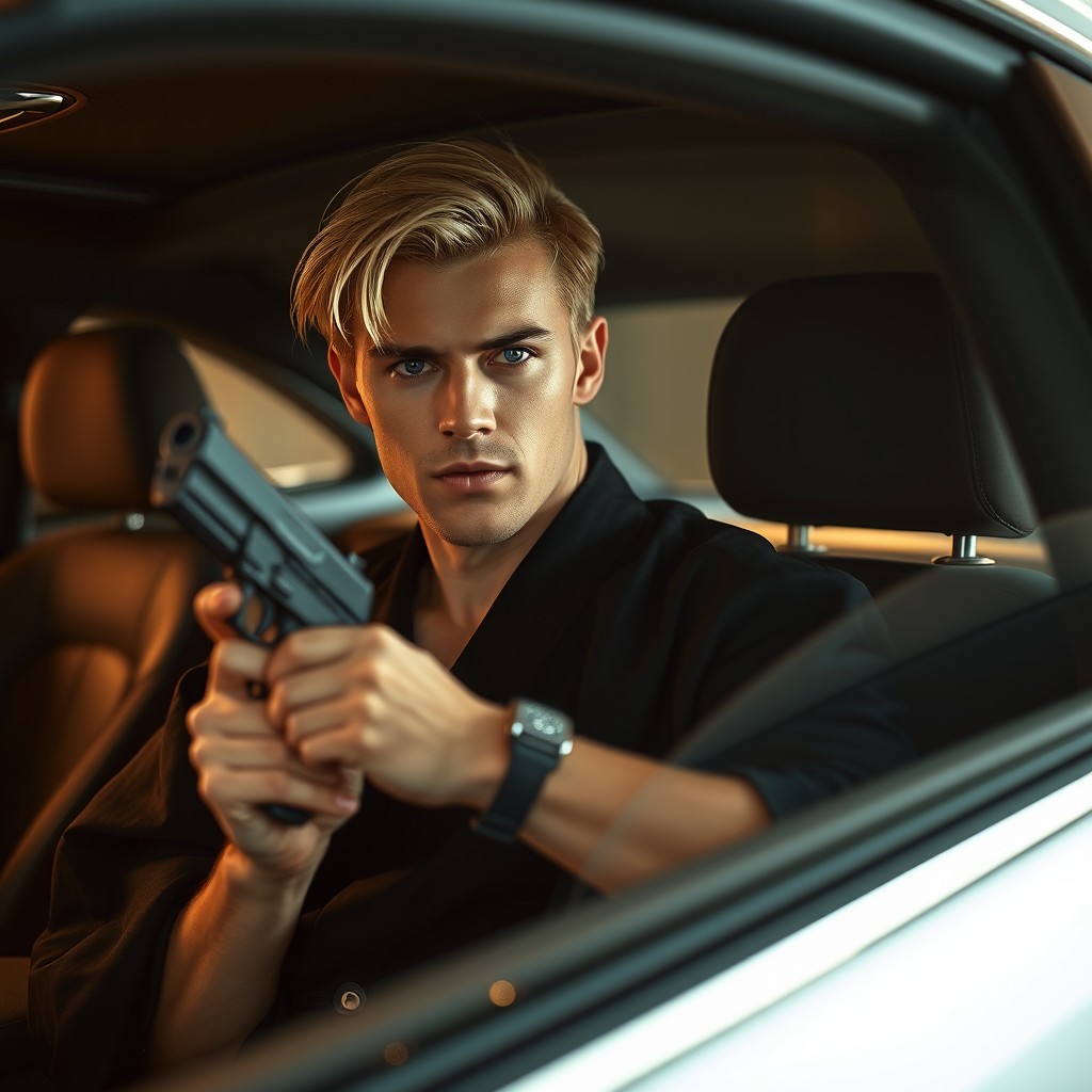 A confident blonde man with character, dressed in a black kimono, holding a pistol in his hand, sitting on the back seat of a luxurious Mercedes