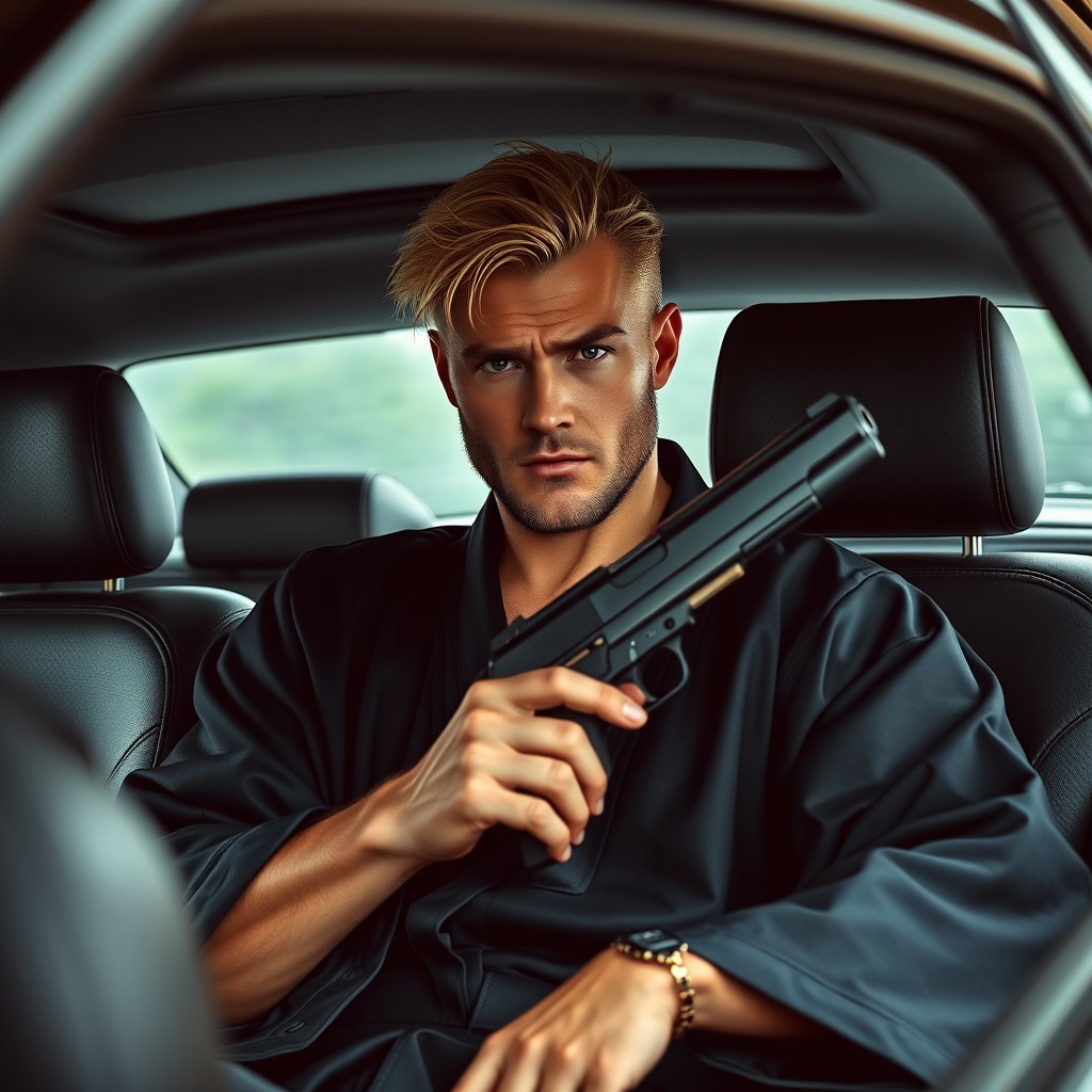 A stern masculine blond man with character, wearing a black kimono and holding a pistol in his hand, sitting in the back seat of a luxurious Mercedes