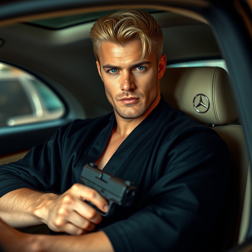 A stern masculine blonde man with character, wearing a black kimono, holding a gun in his hand, sitting in the back seat of a luxurious Mercedes