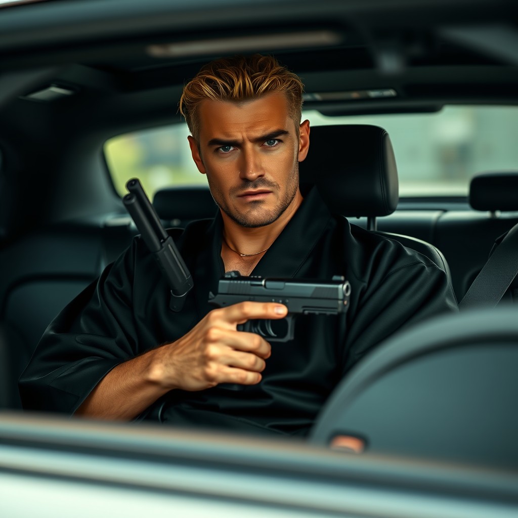 A strict masculine blonde man with a strong demeanor, wearing a black kimono and holding a pistol in his hand, sitting in the back seat of a luxurious Mercedes car