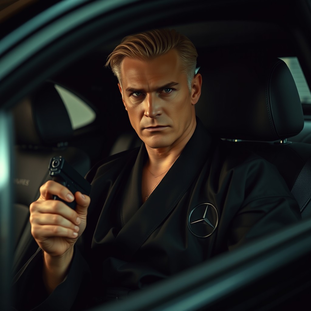 A strict masculine blonde man with a strong character, dressed in a black kimono, holding a pistol in his hand, sitting in the back seat of a luxurious Mercedes