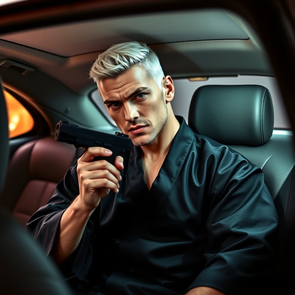 A strict, masculine man with short, white-blond hair, exuding character and confidence, is dressed in a sleek black kimono