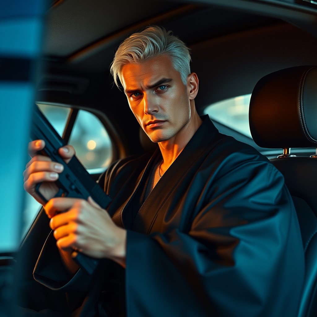A strict and masculine blond man with white short-cropped hair, exuding character, dressed in a sleek black kimono