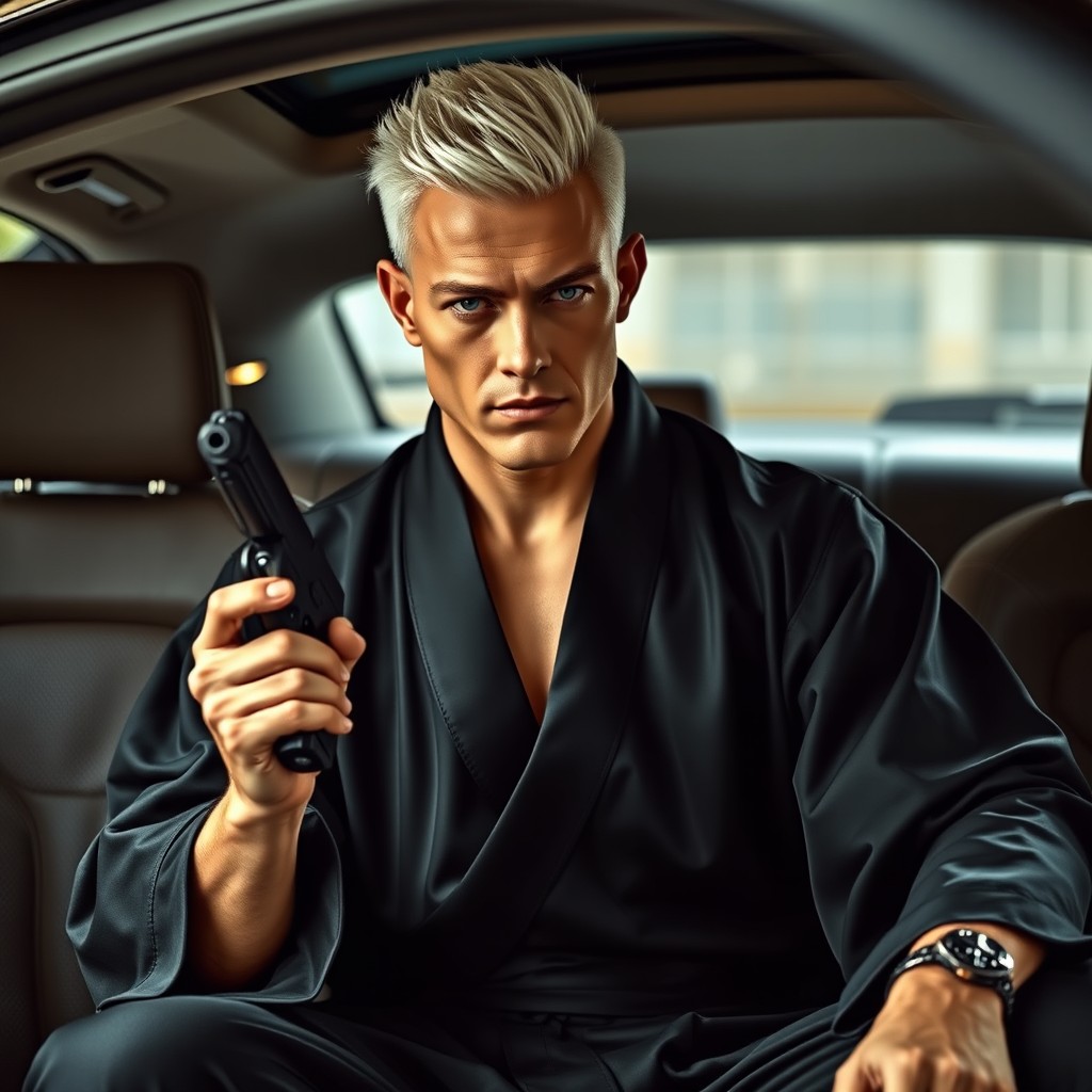 A strict, masculine blonde man with white, sharply cut hair and a strong character is sitting on the back seat of a luxurious Mercedes car
