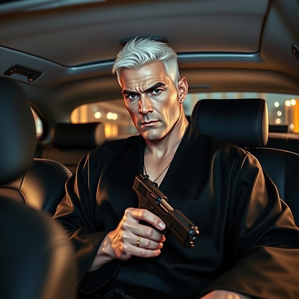 A strict, masculine man with short white-blond hair, exhibiting a strong personality, dressed in a sleek black kimono