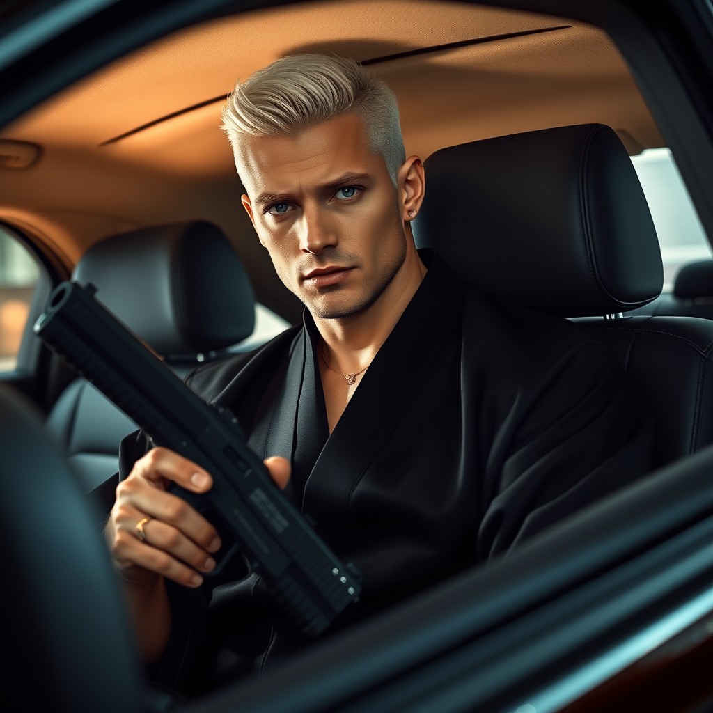 A strict masculine blonde man with short, white-cropped hair, characterized by a strong presence, dressed in a sleek black kimono
