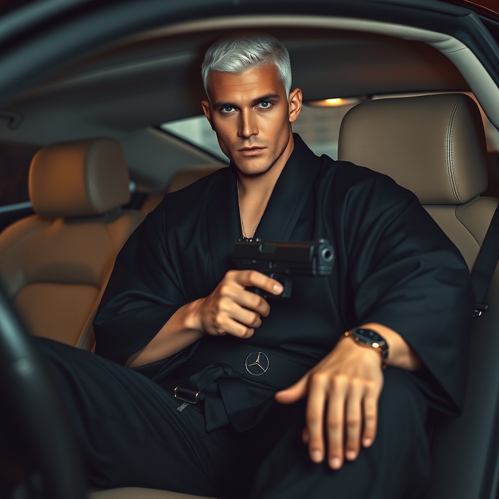 A striking scene featuring a strict, masculine blonde man with white crew-cut hair, exuding a strong character