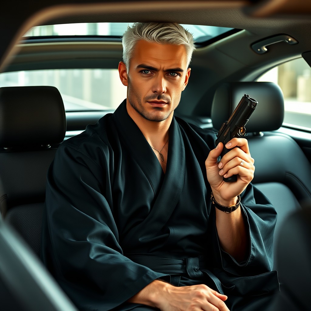 A strict masculine man with short white-blond hair, exuding character and strength, dressed in a sleek black kimono