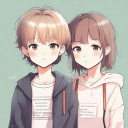 A boy and a girl sharing a gentle gaze, both wearing clothing with visible words on them.