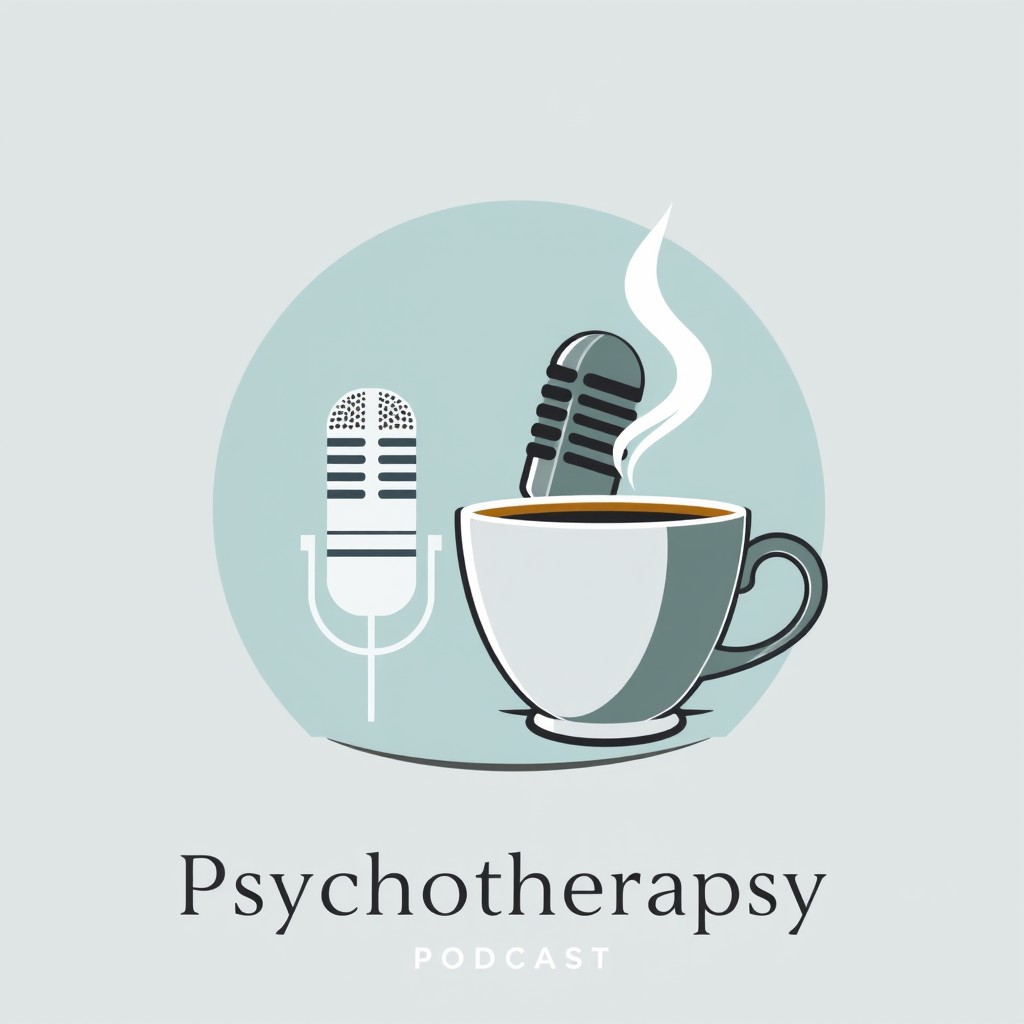 A sophisticated podcast logo tailored for a psychotherapist, featuring a stylish microphone and a steaming coffee cup, elegantly arranged