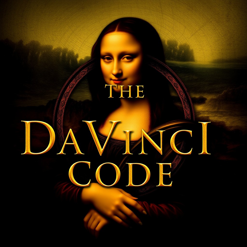 A luxurious logo design for "The DaVinci Code" in gold, elegantly styled, with a background featuring the iconic Mona Lisa painting