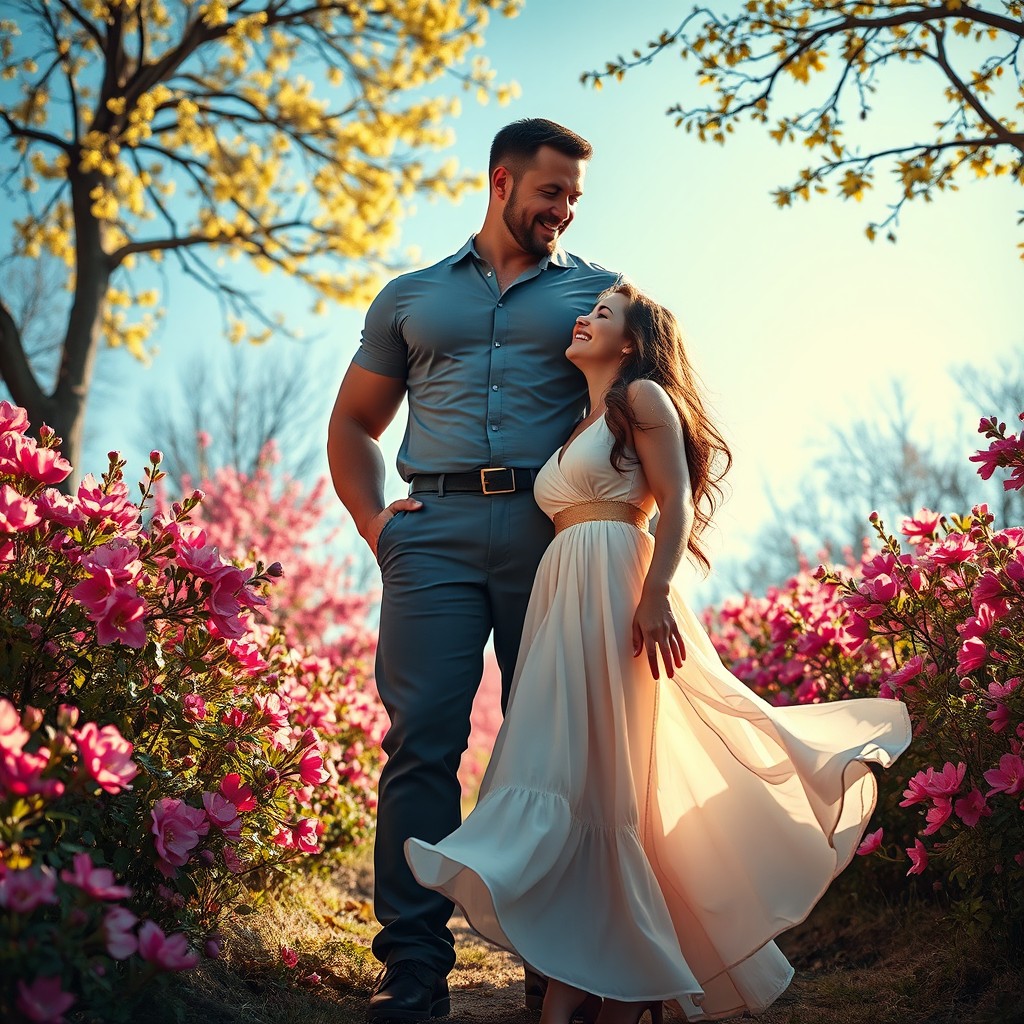 A majestic scene depicting a strong man and a petite woman enjoying the beauty of spring