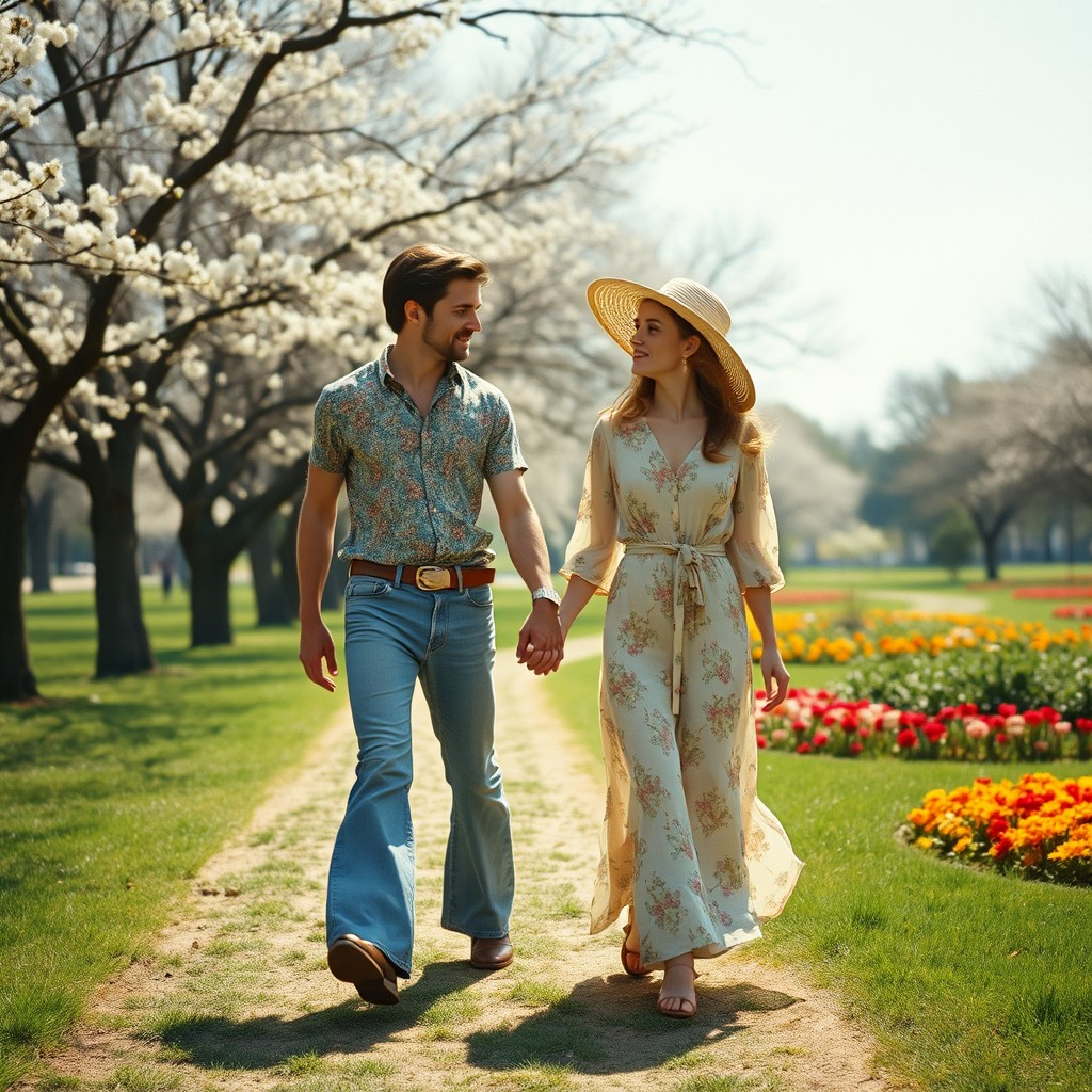 A nostalgic scene capturing a man and a woman enjoying spring in the year 1970