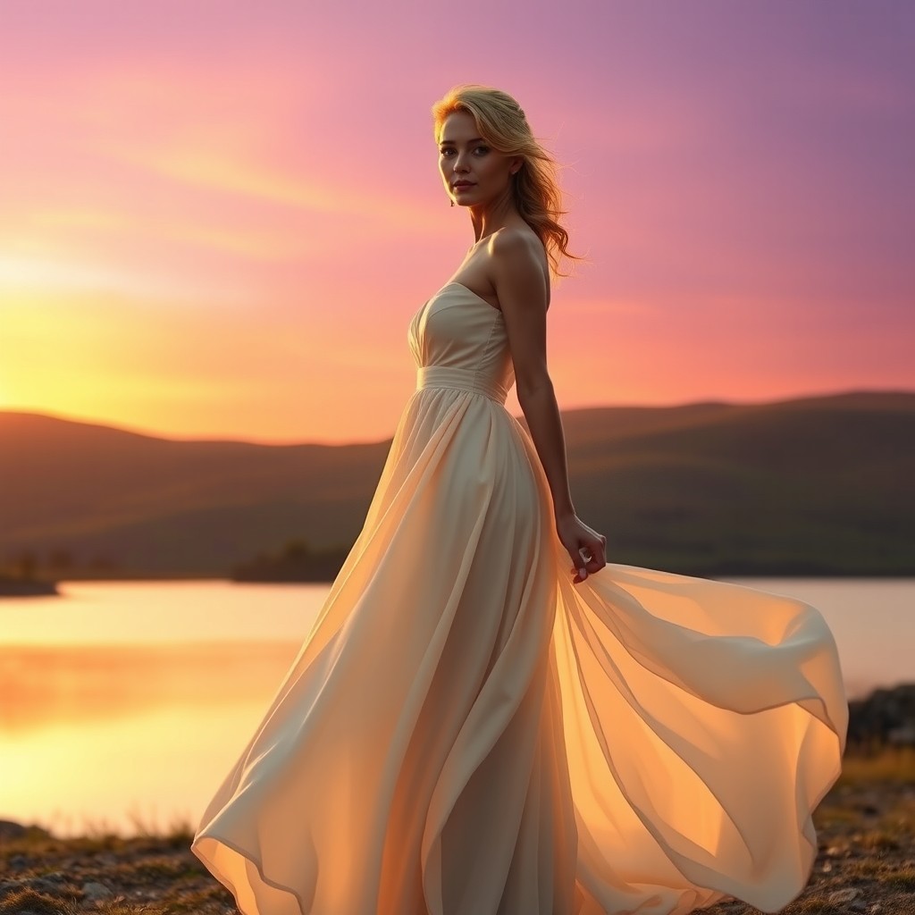 An elegant woman standing gracefully in a flowing gown at sunset, the dress billowing around her