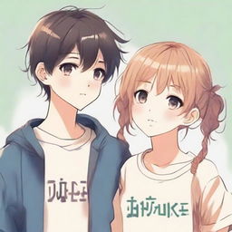 A boy and a girl sharing a gentle gaze, both wearing clothing with visible words on them.