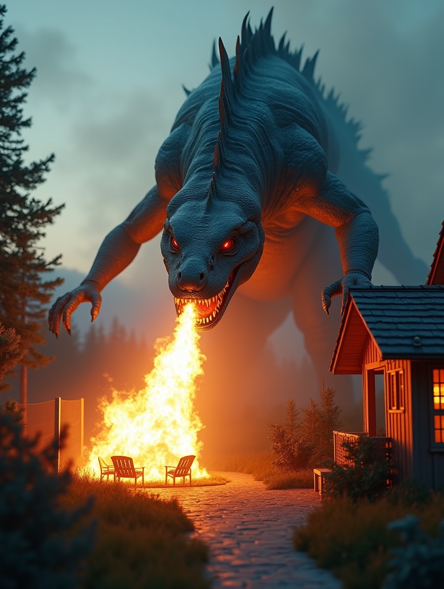 A realistic, gigantic scary lizard monster towering over a Scandinavian suburban backyard terrace at dusk, intensely blowing flames towards a house