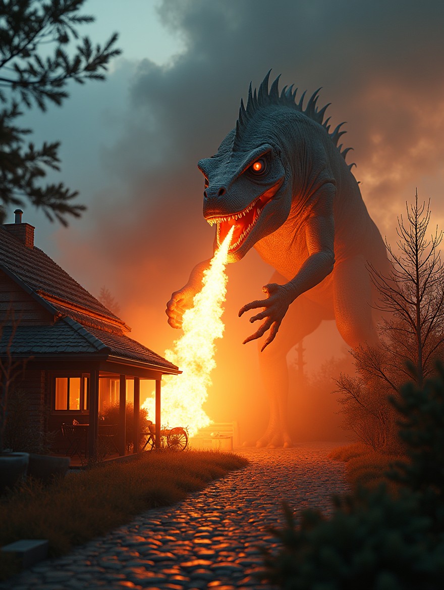 A realistic, gigantic scary lizard monster positioned on the left side of the image, towering over a Scandinavian suburban backyard terrace at dusk, blowing intense flames toward a house