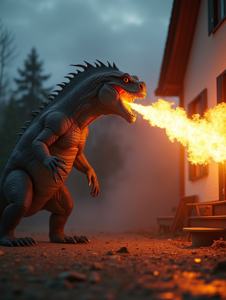A realistic, gigantic scary lizard monster positioned on the left side of the image, standing on a Scandinavian suburban backyard terrace at dusk, blowing intense flames toward a house