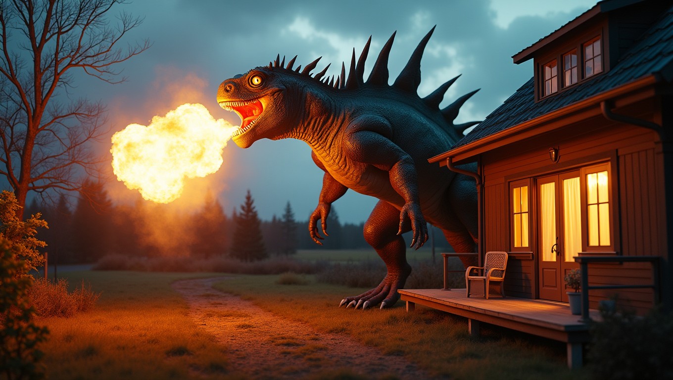 A realistic, gigantic scary lizard monster positioned on the left side of the image, standing on a Scandinavian suburban backyard terrace at dusk, blowing intense flames toward a house