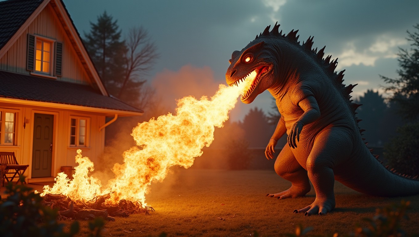 A realistic, gigantic scary lizard monster positioned on the left side of the image, standing on a Scandinavian suburban backyard terrace at dusk, blowing intense flames toward a house