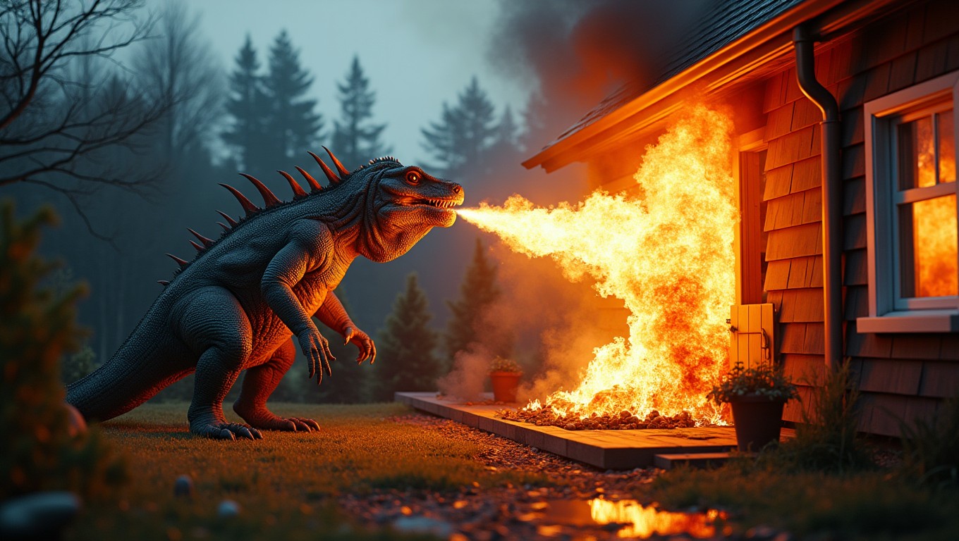 A realistic, gigantic scary lizard monster positioned on the left side of the image, standing on a Scandinavian suburban backyard terrace at dusk, blowing intense flames toward the house, actively setting the terrace on fire