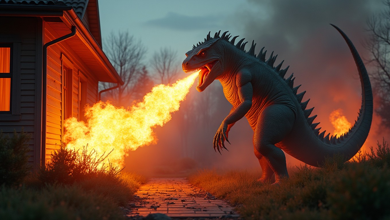 A realistic, gigantic scary lizard monster positioned on the left side of the image, standing on a Scandinavian suburban backyard terrace at dusk, blowing intense flames toward the house and setting the terrace on fire