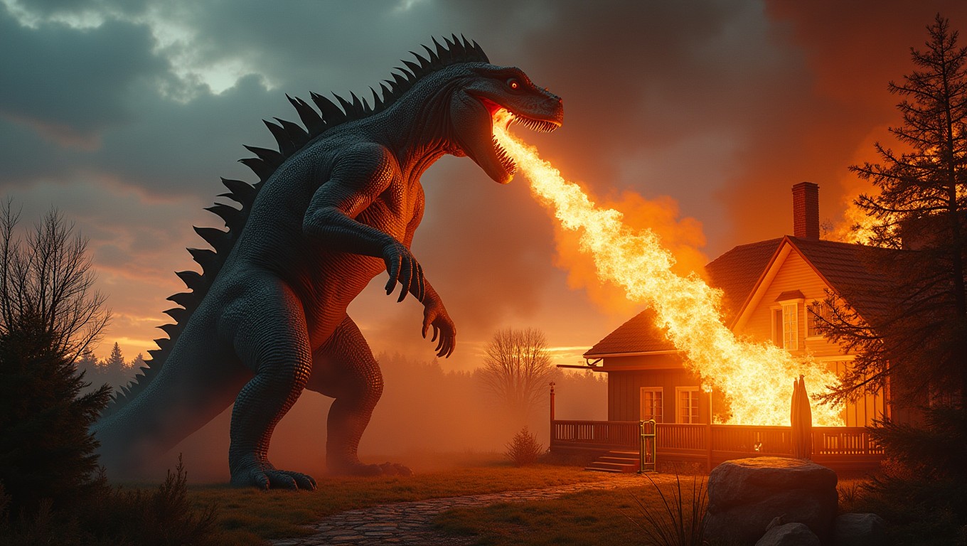 A realistic, gigantic scary lizard monster positioned on the left side of the image, towering over a Scandinavian suburban backyard terrace at dusk, blowing intense flames toward a house and setting the terrace on fire