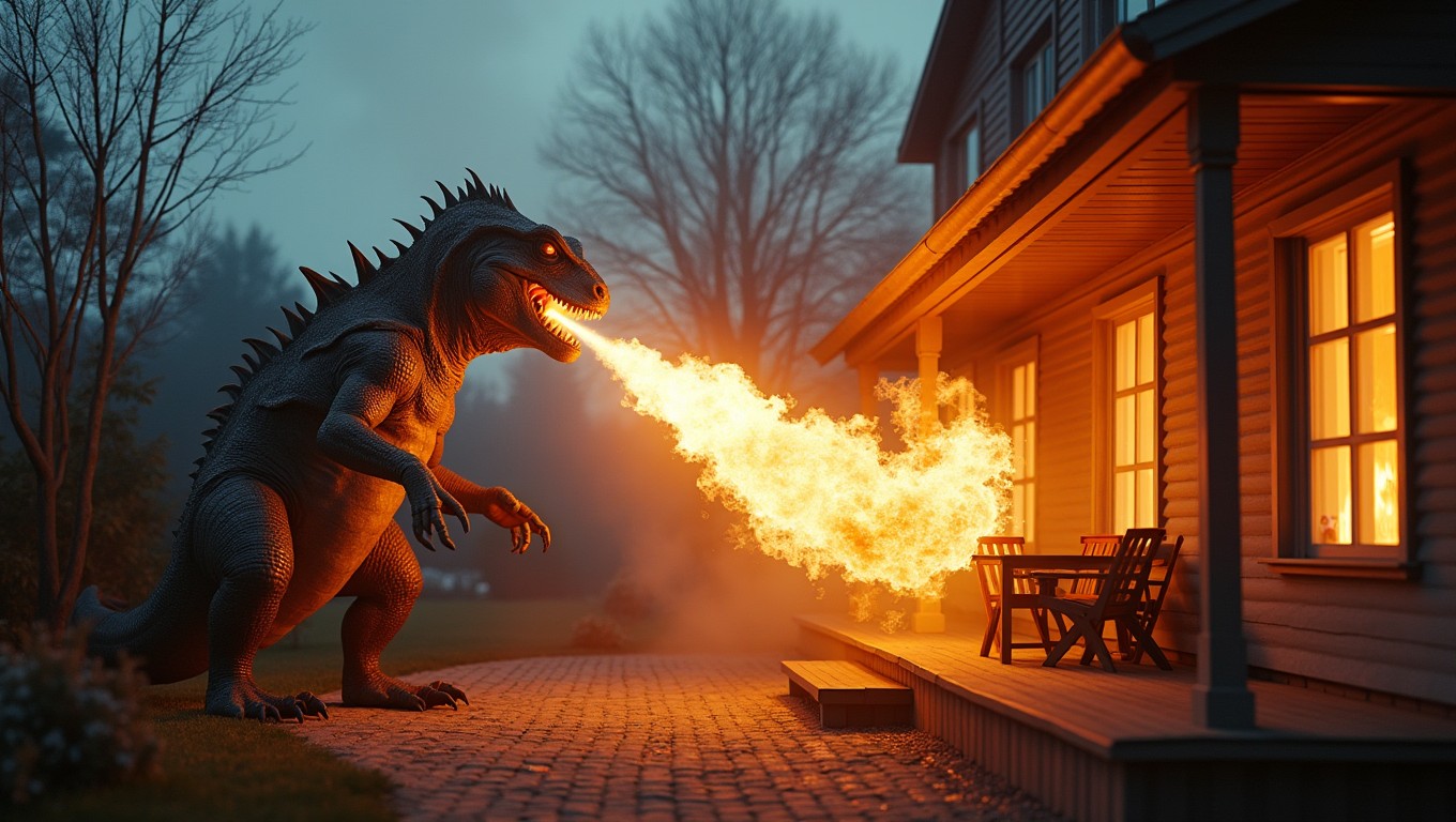 On the left side of the image, a realistic, gigantic scary lizard monster stands on a Scandinavian suburban backyard terrace at dusk, blowing intense flames toward the house, actively setting the terrace on fire