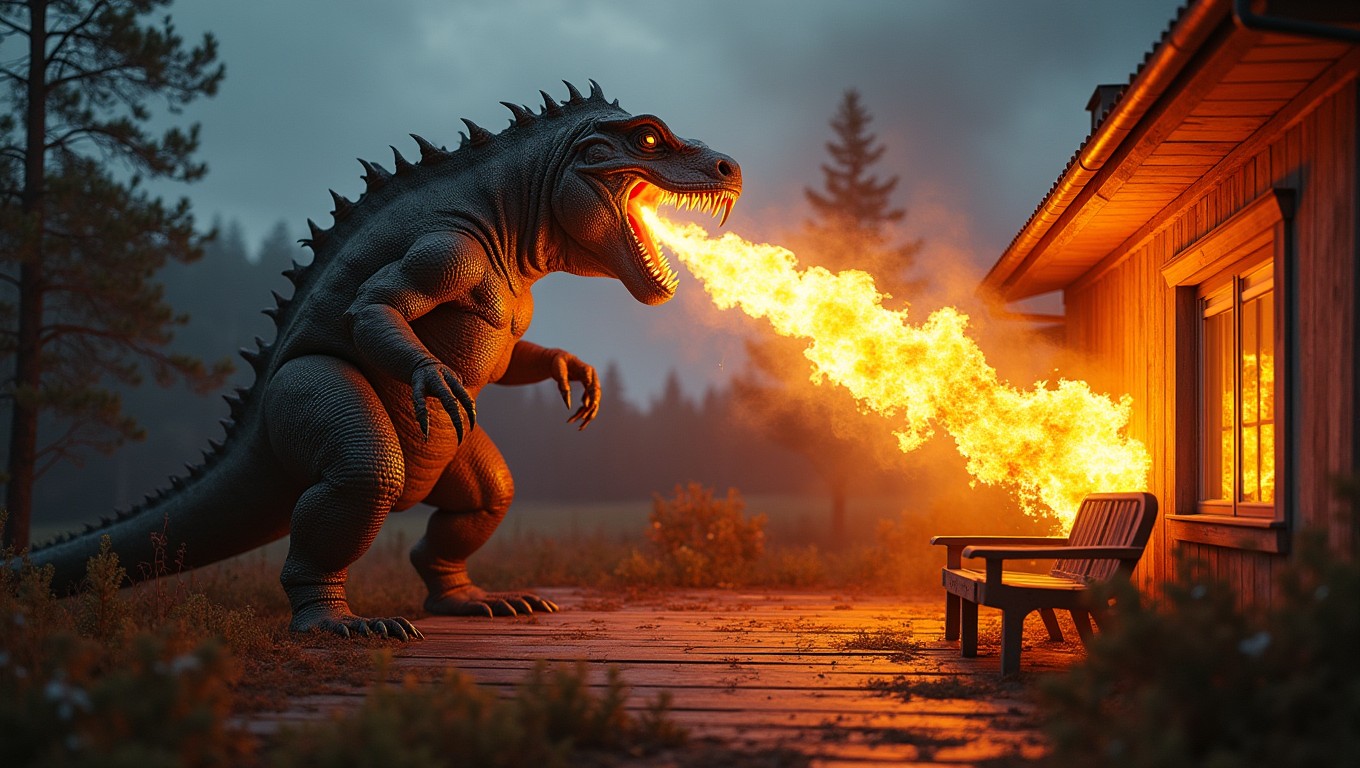 On the left side of the image, a realistic, gigantic scary lizard monster stands on a Scandinavian suburban backyard terrace at dusk, blowing intense flames toward the house and setting the terrace on fire